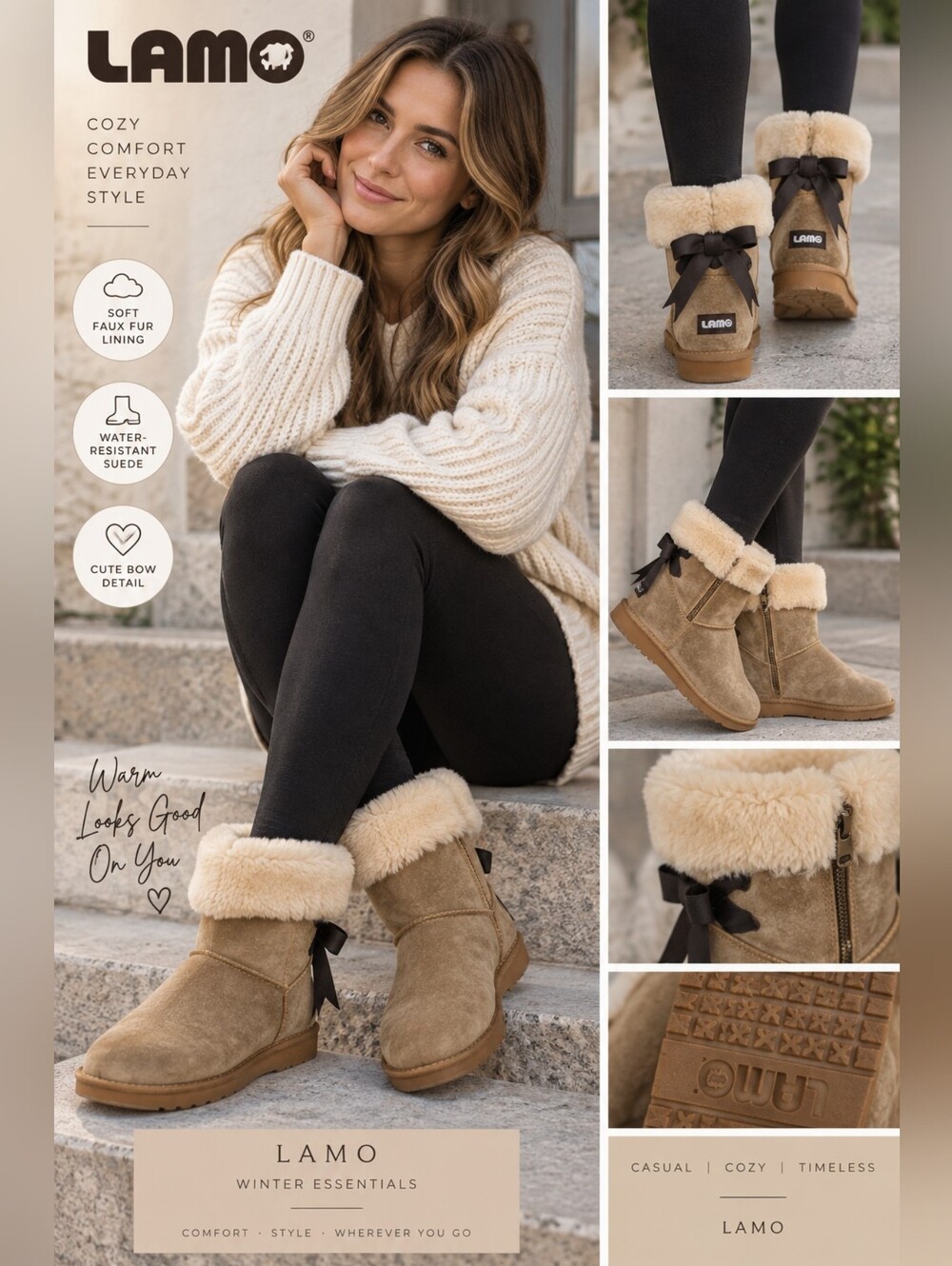 LAMO Women’s Size 8 Tan Suede Faux Fur Ankle Boots Bow Zip Winter